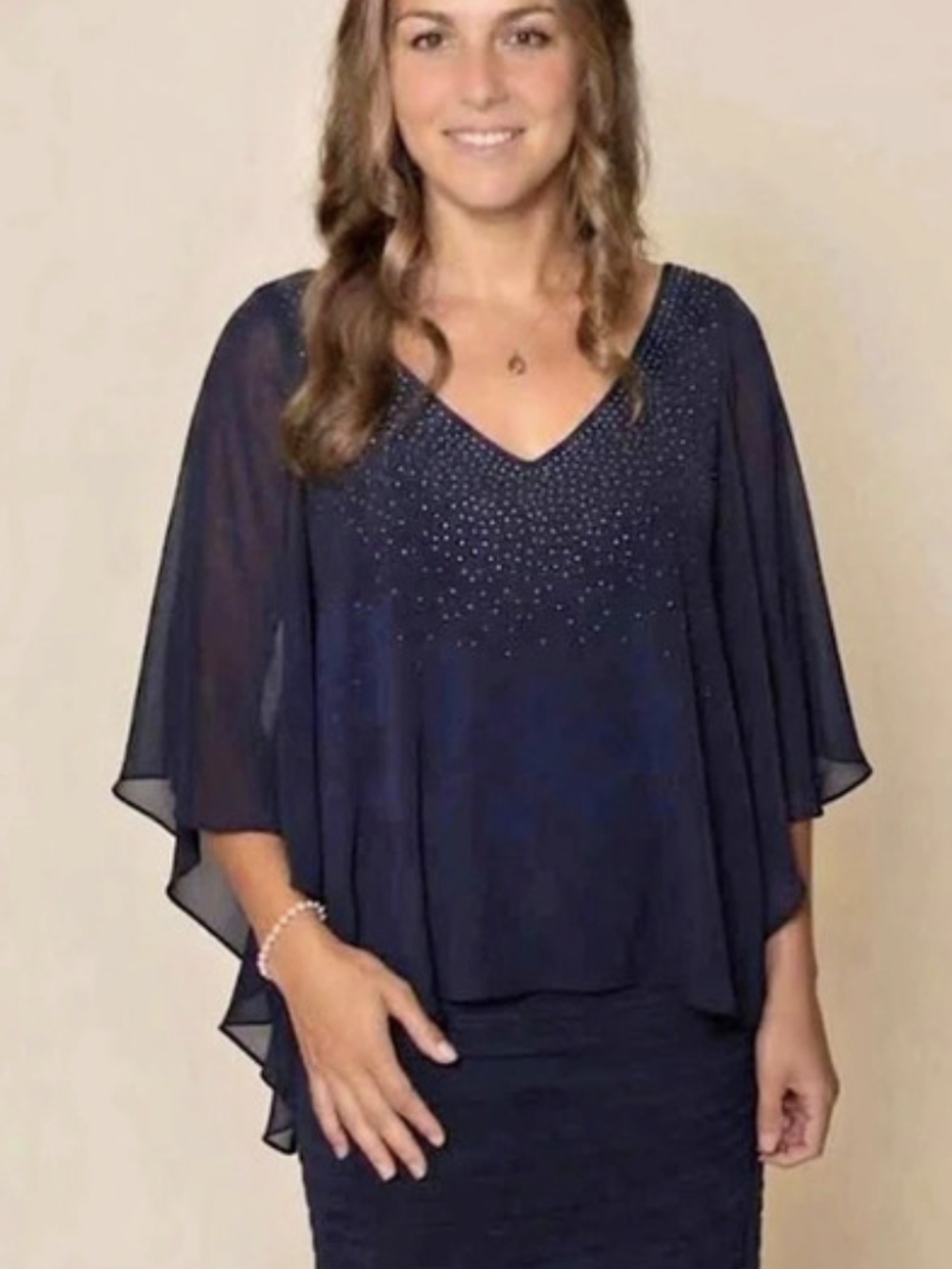 Liz Jordan Luxe Pleated Pencil Skirt & Navy Blue Rhinestone Blouse